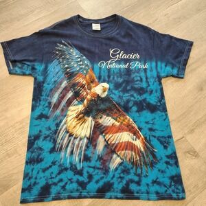 Glacier National Park Eagle American Flag Tie Dye T-Shirt Mens Medium Blue Teal